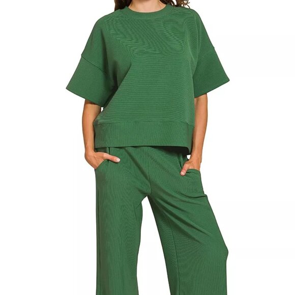 Zenana Ribbed Round Neck Tee & Pants Set - Picture 1 of 4